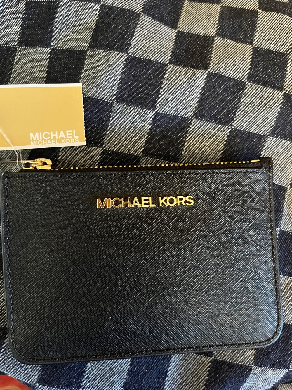 Michael Kors Black Saffiano Leather Zip Card Case with Gold Logo
